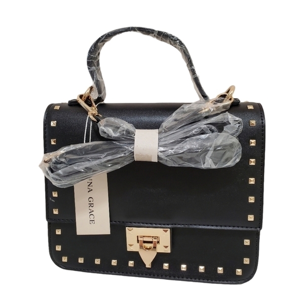 Hanna Grace Handbags - HANNA Grace Black With Gold Stud Trim Shoulder Purse Handbag